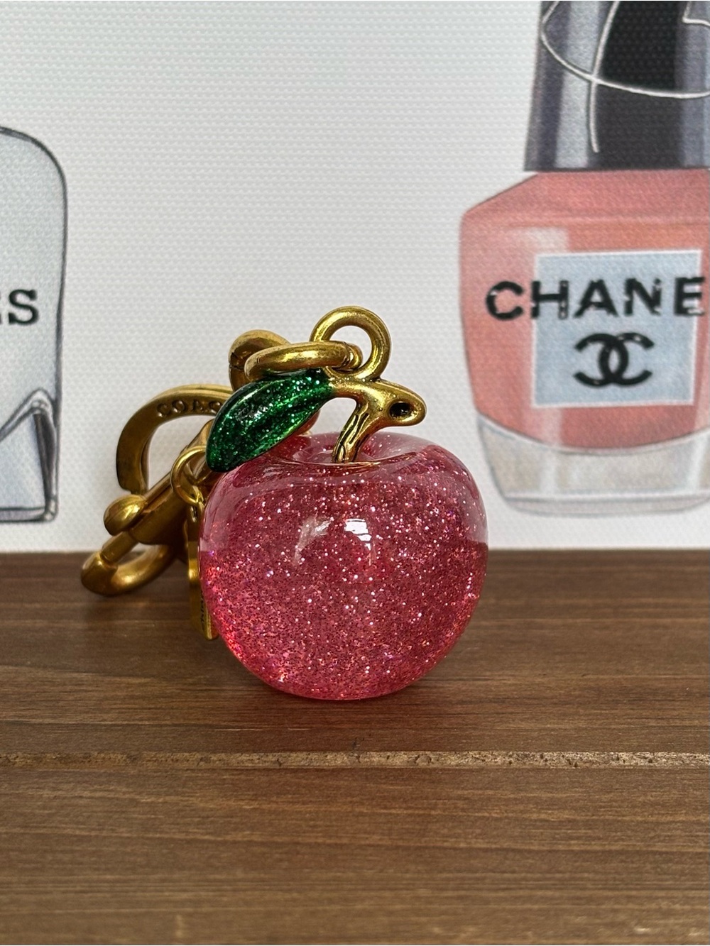 Sparkling Pink Apple Key Charm with Green Leaf